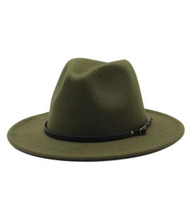 Detailed texture of olive green wool fedora hat featuring a black band and metal buckle