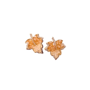 Exquisite 14k gold plated maple leaf stud earrings with amber resin and tiny crystals