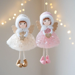 Christmas angel ornaments with plush hats and glitter wings in pink and white mesh dresses