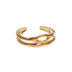 Minimalist double layer gold plated stainless steel open ring with irregular design