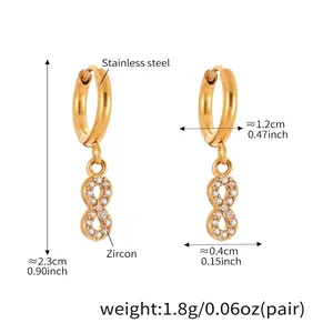 Detailed size parameters of 18k gold plated heart zircon earrings showing dimensions and weight