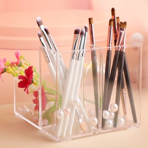 Acrylic makeup brush holder with 3 slots and decorative faux pearls for eye brushes