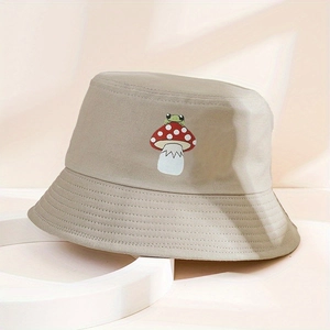 Khaki bucket hat with cute frog and mushroom embroidery for summer sun protection