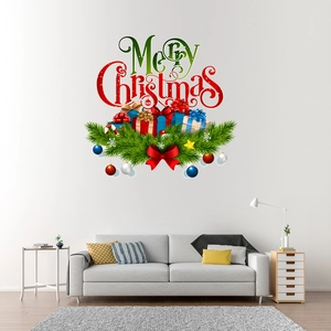 Merry Christmas wall sticker with colorful festive balls and gift boxes for living room decor