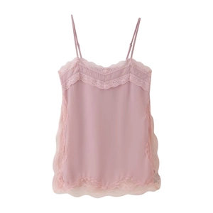 Pink silk camisole with delicate lace trim for a minimalist and elegant loungewear style