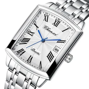 Men's rectangular quartz watch with silver metal strap, blue hands and Roman numerals