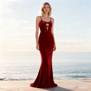 Robe De Soirée Maxi En Velours Rouge Avec Décoration Noeud Évidé Longueur Sol Coupe Ajustée Dos Nu Pour Femmes Élégante