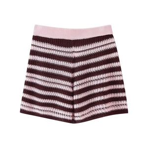 Detailed close-up of knit shorts featuring horizontal burgundy and pink stripes