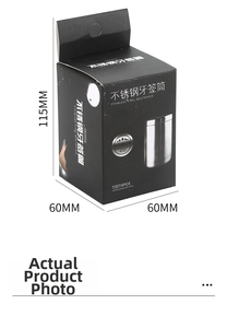Detail view of 430 stainless steel toothpick holder packaging with size specifications