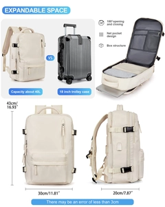 Vista detallada de las dimensiones de la mochila de viaje y apertura de 180 grados.