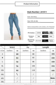 Detailed size chart for high waist stretch jeans including waist and hip measurements