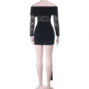 Detail of off-shoulder lace splicing and ruched back design on a slim black dress