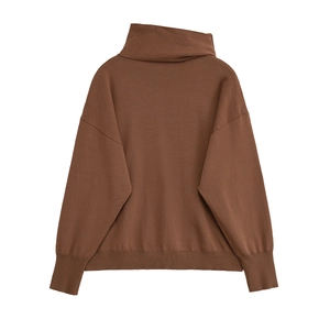 Deep brown oversized high neck knit sweater with drop shoulder back view and ribbed cuffs