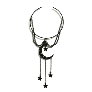 Gothic style black choker necklace featuring multi-layered chains with moon and star pendants