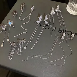 Clips D'oreilles Papillon Nœud À Pampilles Longue Chaîne Boucles D'oreilles Künstliche Perles Fantaisie Sans Perçage Bijoux Élégants