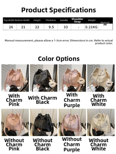 Size chart and specifications for the pleated PU leather drawstring bucket bag for women