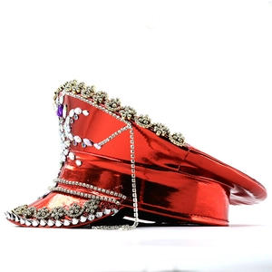 Metallic red punk military captain hat with silver rhinestones and metal tassels