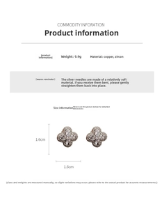 Détails de boucles d'oreilles trèfle serties de zircons avec dimensions de 1.6cm x 1.6cm