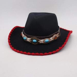 Ethnic style black jazz fedora hat with red crochet trim and bohemian beaded band for travel