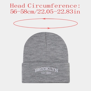 Detailed view of grey beanie with Brooklyn embroidery showing 56-58cm head circumference size