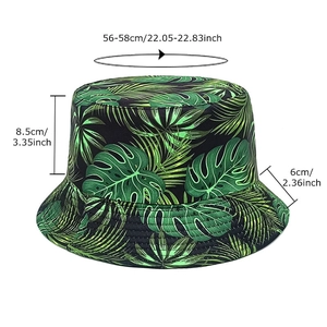 Green tropical palm leaf print bucket hat with dimensions 56-58cm head circumference