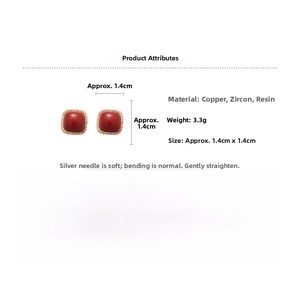 Detail of square red zircon stud earrings with silver needles and copper base dimensions