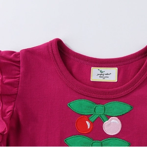 Short sleeve rose pink cotton girls dress with cherry embroidery and ruffle sleeves