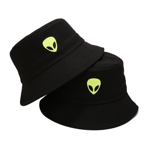 Two black cotton bucket hats with neon green alien embroidery for outdoor sun protection