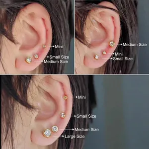 Gold screw back stud earrings with clear zircon in mini to large sizes for ear cartilage