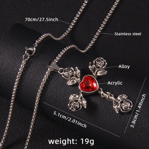 Hip hop stainless steel necklace with rose cross pendant and a red heart gemstone