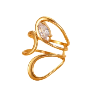 Gold stainless steel double layer ring with marquise zircon stone on white background