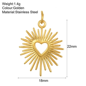 Golden heart-shaped stainless steel sunburst pendant, 18mm x 22mm jewelry charm