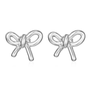Polished silver stainless steel bow earrings with high-shine metallic finish for women
