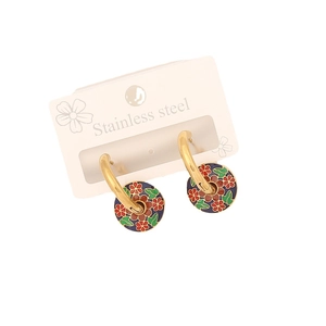 Vintage bohemian stainless steel earrings with colorful floral pattern on gold finish