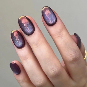 Press On Nails Cat Eye Effect Metallic Purple Gradient Aurora Laser False Nails Short Round Full Cover Elegant For Women