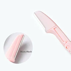 Pink folding eyebrow razor with macro fine net blade design for safe precision grooming