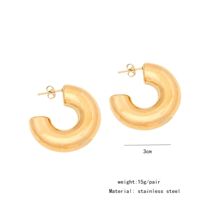Detailed view of chunky C-shaped gold stainless steel earrings with 3cm diameter size info