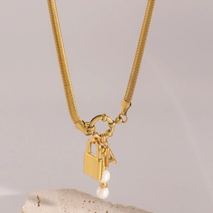 18k gold plated stainless steel snake chain necklace with padlock letter A and pearls