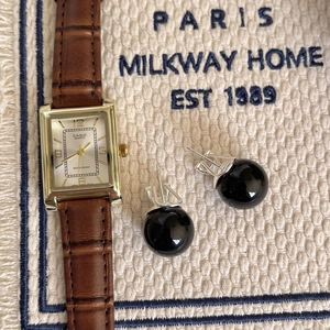 Vintage gold rectangular watch with brown leather strap and black bead earrings set