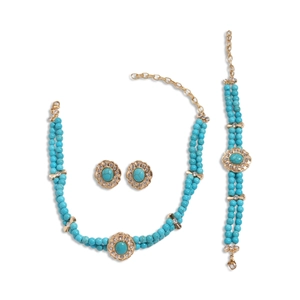 Vintage bohemian turquoise jewelry set with double-row beaded necklace, bracelet and earrings