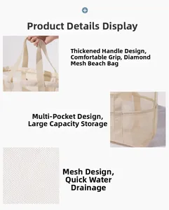 Detail van beige mesh strandtas met versterkte handvatten en meerdere zakken
