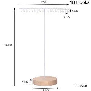 White iron necklace display stand with 18 hooks and a round wooden base for jewelry