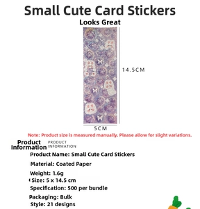 Detailed view of purple holographic rabbit stickers with size guide and dimensions