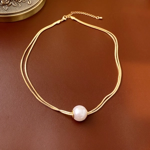 Minimalist double-layer gold plated snake chain necklace with round white pearl pendant