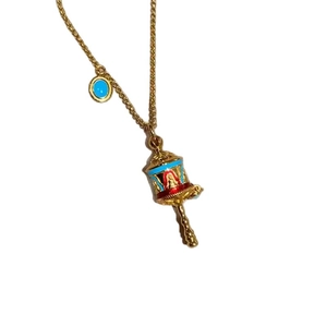 Vintage ethnic rattle pendant necklace with colorful enamel inlay in gold finish
