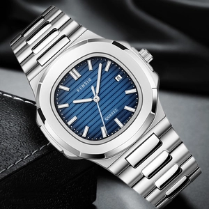 Men's silver quartz watch with a blue striped dial and calendar feature in high-quality steel