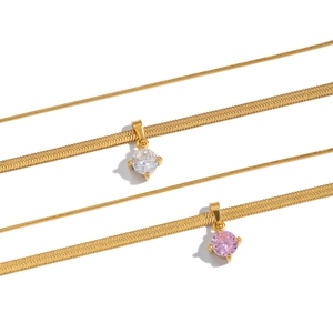 Double-layered gold snake chain necklaces with sparkling white and pink zircon pendants
