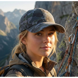 Close-up of camouflage baseball cap with washed texture for outdoor mountain climbing