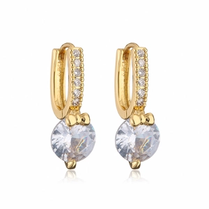 Gold-plated hoop earrings featuring a zircon bow design and round crystal pendant