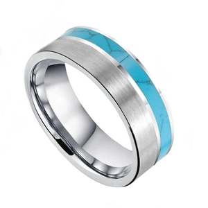 Brushed tungsten steel ring for men with turquoise inlay and silver finish texture